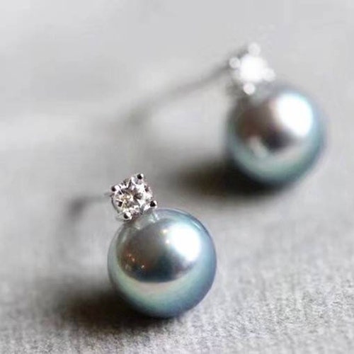 Genuine 18K gold solid earring , Au750 gold solid , Japanese Natural Akoya Seawater pearls, akoya gray blue pearls, shops zircon earring