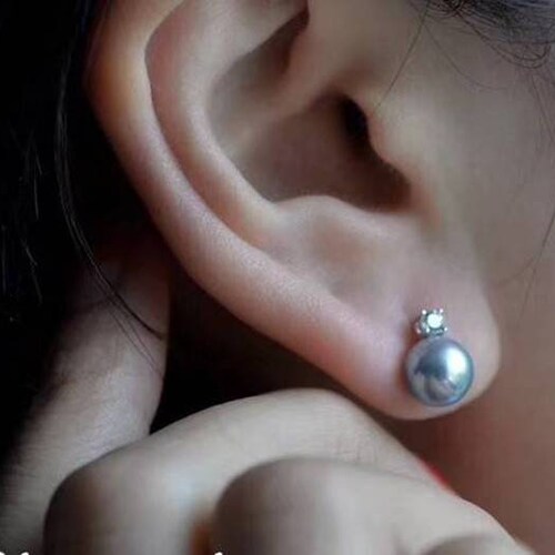 Genuine 18K gold solid earring , Au750 gold solid , Japanese Natural Akoya Seawater pearls, akoya gray blue pearls, shops zircon earring
