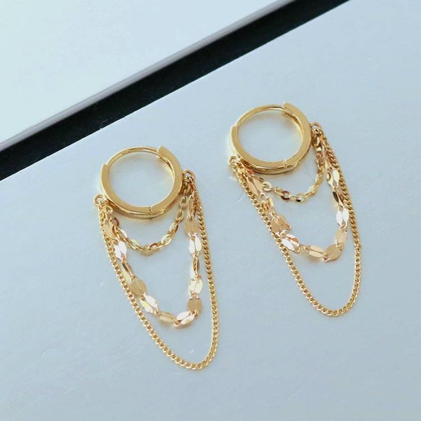 Dangle drop 18K gold solid chain style huggie earring hoops, AU750 gold solid earring, real K gold solid hoop earrings, dangle earrings