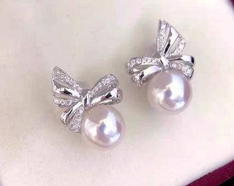 S925 sterling silver zircon earring studs, butterfly earring, Japanese Akoya natural white pink AAAA pearls 8-9MM mirror luster earring