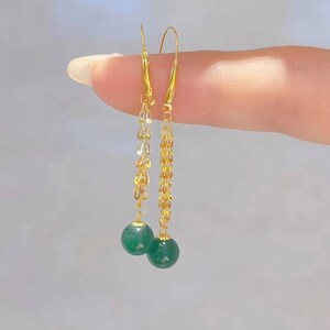 Genuine 18K gold solid thin dangle  earrings, Au750 stamped gold, 75% of gold dangle earrings, chandelier threader, pearls and jade