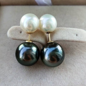 Genuine 18K gold solid Tahitian double sided pearl earring studs, Au750 gold Tahitian dark green salt water pearls. 75% of gold