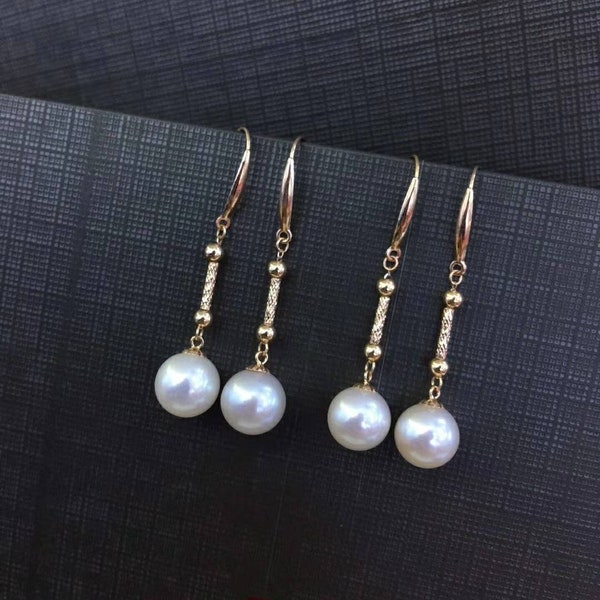 Akoya Pearl Dangle beaded Earrings hooks,  Round AAAA Akoya Pearls 8-9mm, Natural White Color,  18kt gold solid Au750, 75% of gold