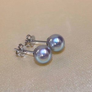 Genuine 18K gold solid earring, Au750 gold solid, Japanese Natural akoya gray blue AAAA pearls, mirror surface