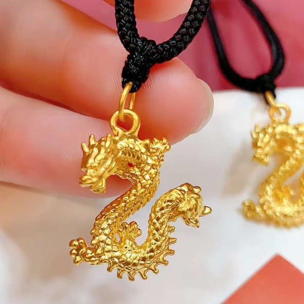 Breloque pendentif dragon en or pur 999, or 24 carats, avec corde en nylon noir de 22 pouces ou 23 pouces pour hommes