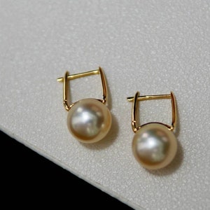 18K gold solid south sea golden pearl square earring hoops, Au750, golden saltwater round pearls. 18K gold solid secure earrings