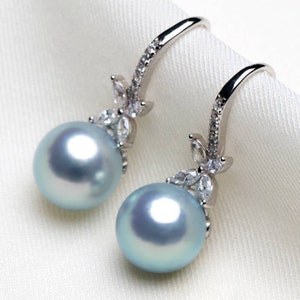 Genuine S925 sterling silver earring hooks , clover earring, Japanese Akoya natural blue pearls 8-9MM mirror luster earring