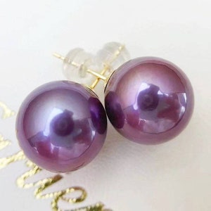 18K gold solid pearl earrings studs, Au750 gold, 75% gold,Round AAAA Pearls Natural purple freshwater pearls,18 karat gold