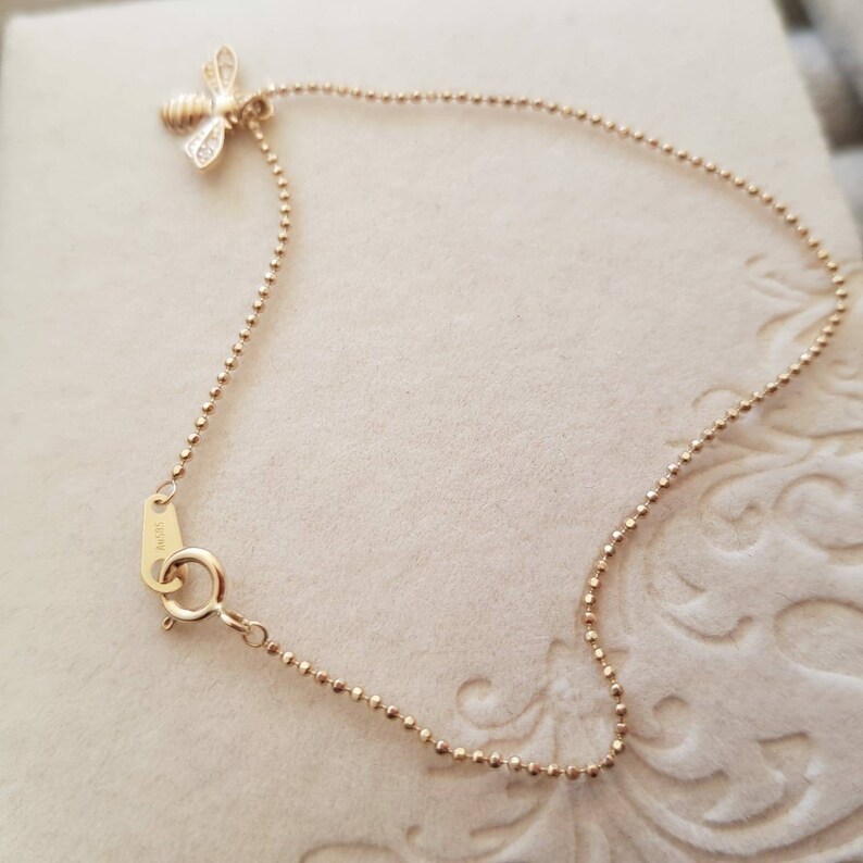58.5/% of gold good luck charm bracelets handmade Au585 real gold Bracelet 14K gold solid beaded bee charm bracelet
