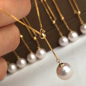 Genuine 18K gold solid Spiga / Wheat adjustable chain, Au750 gold dainty necklace, natural seawater Japanese Akoya pearl white AAAA pearl
