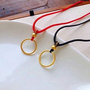 Genuine Necklace set 24K gold solid ring charm, Au999 gold solid hoop pendant with red nylon rope.