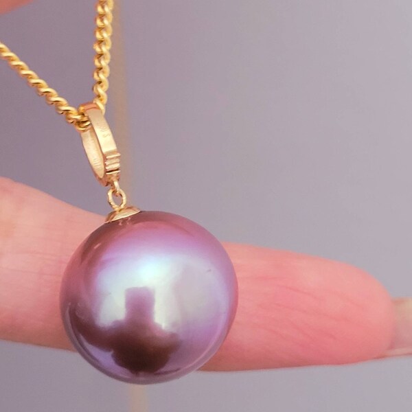 Collier Véritable chaîne Miami Au750 en or massif 18 carats avec de grandes perles violettes Edison d'eau douce AAAA, chaîne de 20 pouces 50 cm