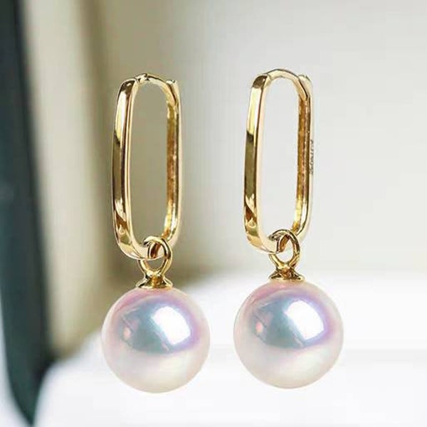 Genuine 18K gold solid rectangle earrings hoops, Au750 gold, 75% gold large dangle earring, Japanese Akoya natural white AAAA pearls