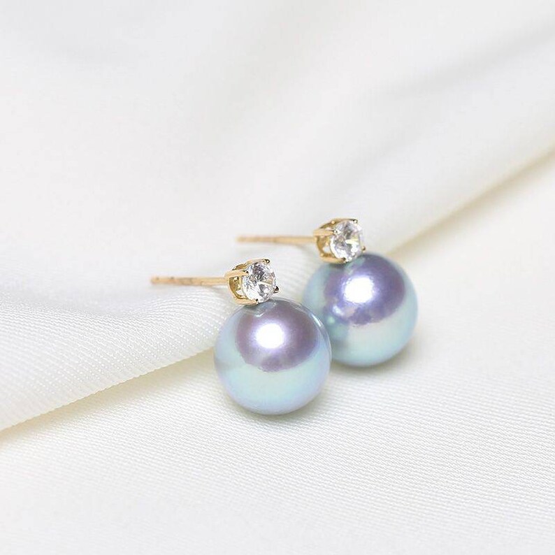 Genuine 18K gold solid earring , Au750 gold solid , Japanese Natural Akoya Seawater pearls, akoya gray blue pearls, shops zircon earring