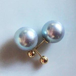 Genuine 18K gold solid Akoya pearl Insert in earrings, Au750 gold, 75% gold earring studs Japanese Akoya gray AAAA pearl with blue luster