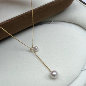 Genuine 18K gold solid Au750 dainty chain with seawater Japanese Akoya pearl white AAAA grade double pearl charm, adjustable necklace