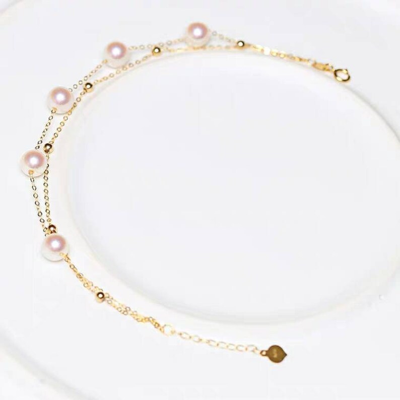 75/% gold chain Japanese Akoya white round pearls top graded luster Au750 stamped Genuine 18K gold solid beads bracelet pink luster