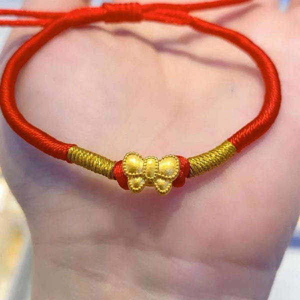 Bracelet noeud papillon en or massif 24K personnalisé, or Au999, 99% d'or, avec bracelet corde rouge, or pur 999 or