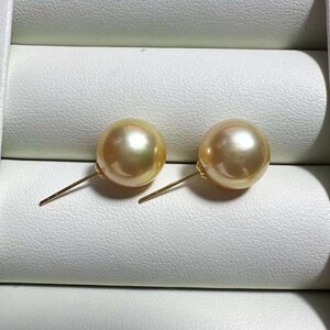 Real 18K gold solid southsea golden pearl earring studs, Au750, golden saltwater pearls. 18K solid gold simple earring studs