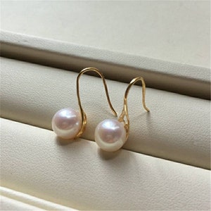 Genuine 18K gold solid thin hook earrings, Au750 gold ,75% gold earring hooks, dangle , Japanese Akoya AAAA pearls white with pink luster