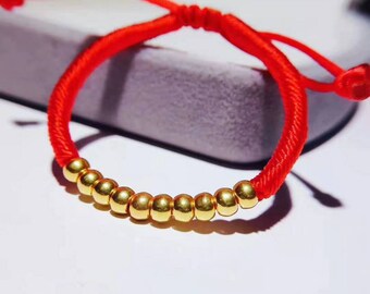 Genuine 24K gold solid beaded bracelet, Au999 gold, 99% of gold, with red rope bracelet, pure gold 999 gold beads bracelet