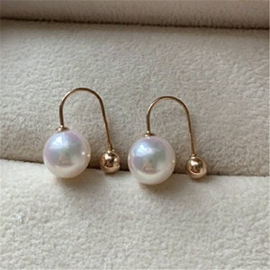 Genuine 18K gold solid Akoya pearl U-shaped screw back earrings, Au750 gold with Japanese Akoya AAAA pearls white pink luster 8-9MM,