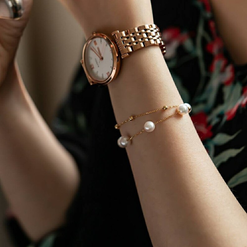 75/% gold chain Japanese Akoya white round pearls top graded luster Au750 stamped Genuine 18K gold solid beads bracelet pink luster