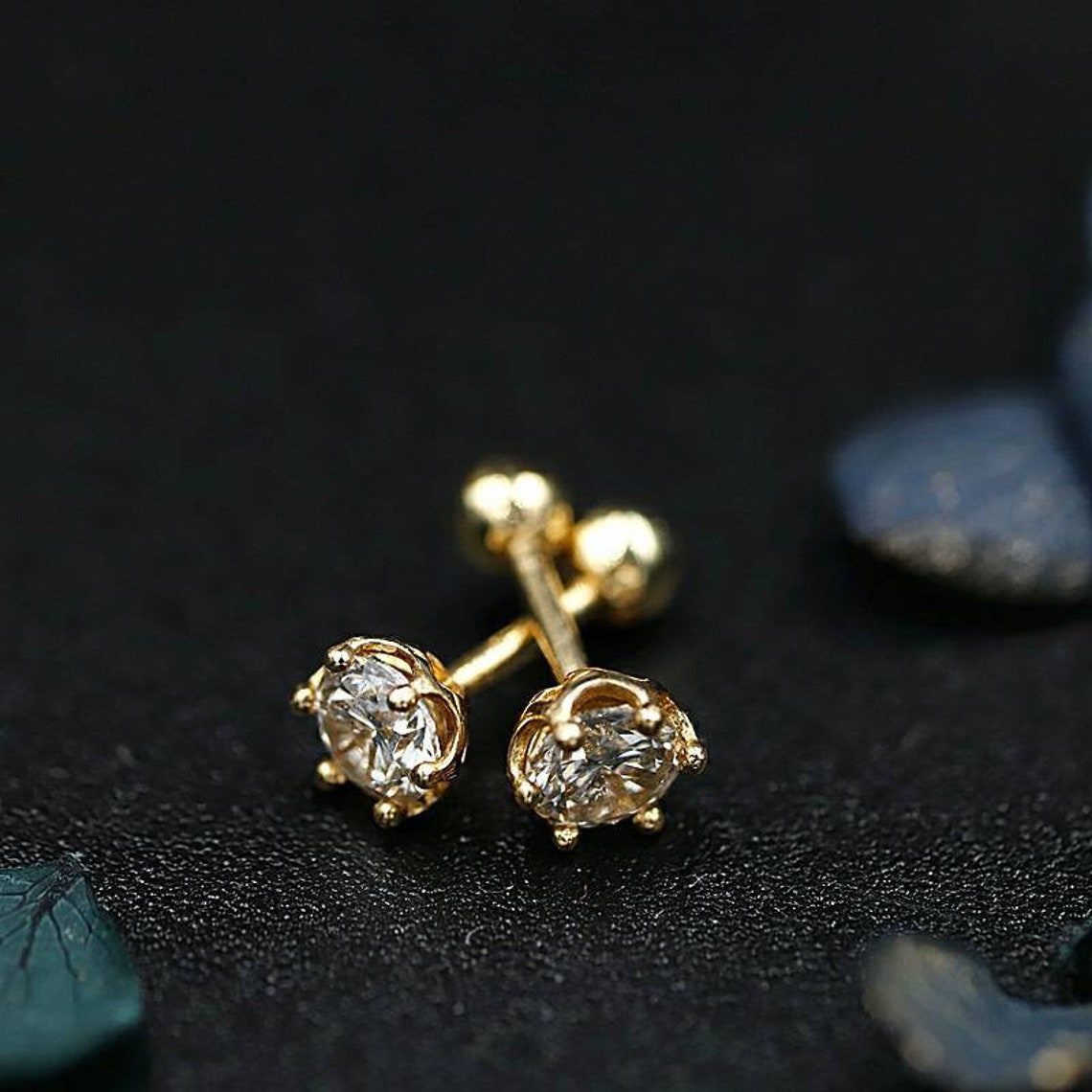 Screw back 18k gold solid 6 prong zircon earring studs. screw Etsy
