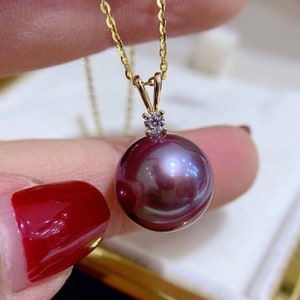 Necklace Genuine 18K gold solid Au750 chain with freshwater Edison purple pearl pendant, AAAA graded luster