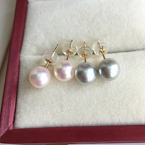 Genuine 18K gold solid, Au750 earring studs with Japanese Natural Akoya salt water pearls, akoya white and akoya gray blue luster pearls