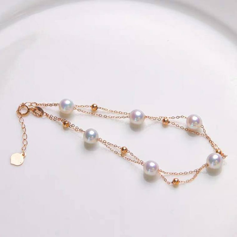 75/% gold chain Japanese Akoya white round pearls top graded luster Au750 stamped Genuine 18K gold solid beads bracelet pink luster