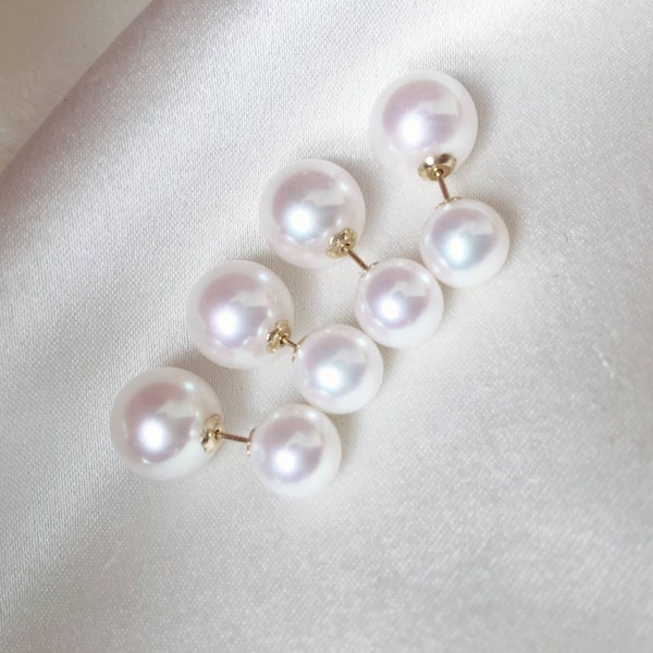 Véritables boucles d’oreilles en perles Akoya double face en or massif 18 carats, or Au750, boucles d’oreilles en or 75% Perles japonaises Akoya AAAA