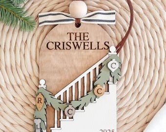 Personalized Family Ornament 2025 | Custom Wooden Staircase Ornament | Laser Cut Christmas Keepsake Gift