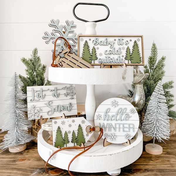 Winter Tiered Tray Decor Bundle | Winter Decor | Winter Decorations For Home | Winter Decor For Tier Tray | Snowflake Decor |  Hello Winter