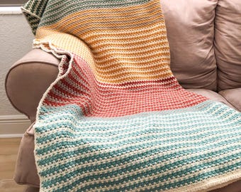 Hand Crocheted Striped Throw Blanket, Boho Earth Tones, 55"x59"