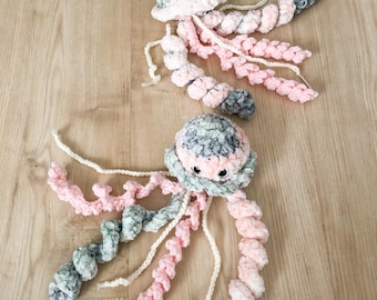 Crochet Hanging Jellyfish Plush, Pink Sage Chenille Amigurumi, Coastal Nursery Decor