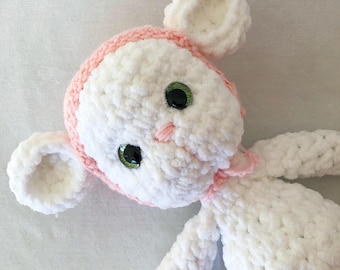 Hand Crocheted Mouse Plushie, Polyester Yarn Stuffed Animal, Removable Bonnet