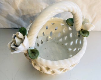 Moss Rose Handled Bowl On Sale Vintage Tilso Oval Dish Floral Basket White with Gold Highlights Ruffled Porcelain