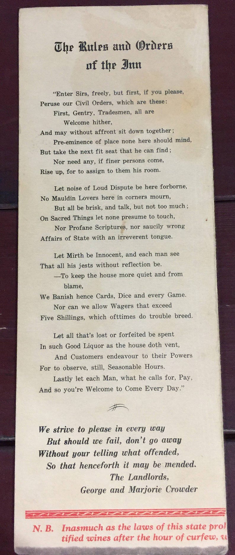Texas Red Lion Houston Vintage Collectible Menu
