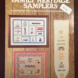 Ulotka Leisure Arts Family Heritage Samplers 67 Vintage 1978 schematyczne wzory do haftu krzyżykowego i haftu igłowego