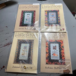Lizzie Kate Winter, Spring, Summer, Autumn Button Ups set of 4 cross stitch charts each with a special button