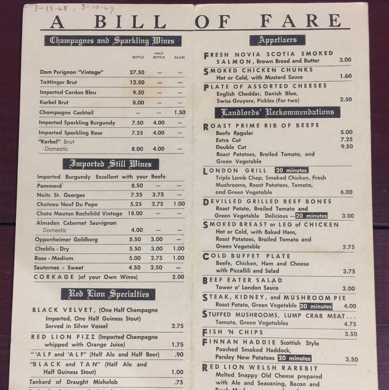 Texas Red Lion Houston Vintage Collectible Menu