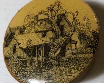 Barrel Bung (Wooden Cork for a Barrel) Art, Depicting Old Farm House, Nice Vintage 1981 Collectible