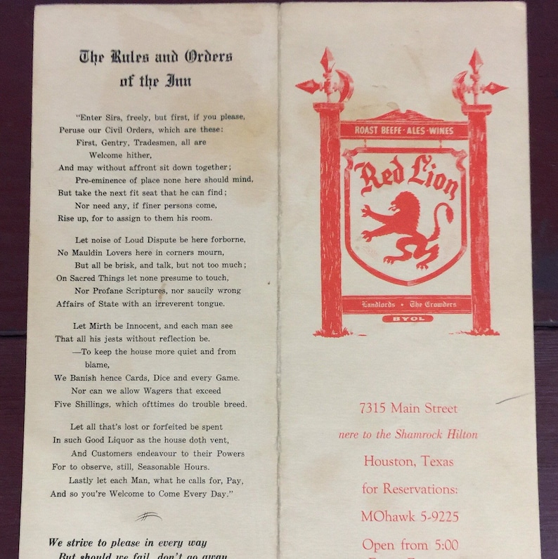 Texas Red Lion Houston Vintage Collectible Menu