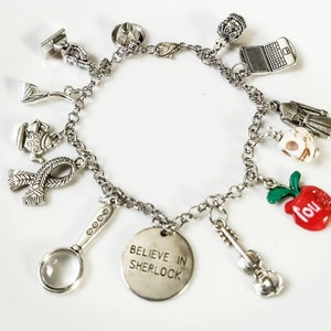 Sherlock Holmes inspired charm bracelet bangle hand painted enamel Moriarty Mystery