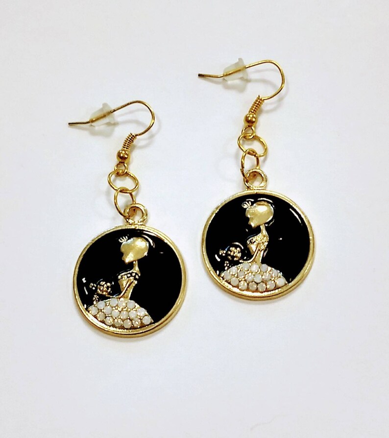 Gold tone bride earrings enamel black and gold wedding jewelry SALE