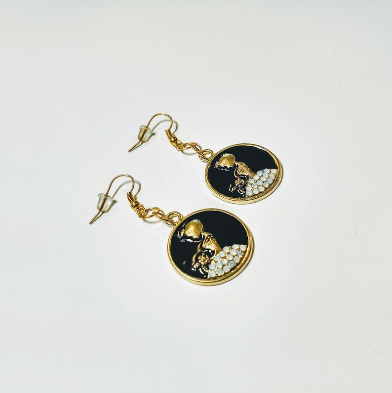 Gold tone bride earrings enamel black and gold wedding jewelry SALE