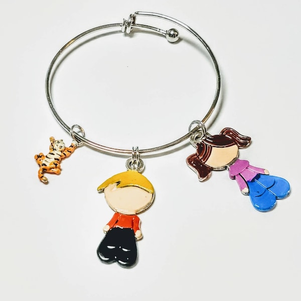 Calvin and Hobbes inspired bangle enamel pendant comics jewelry Hand-painted charms necklace 90s comic strip tiger