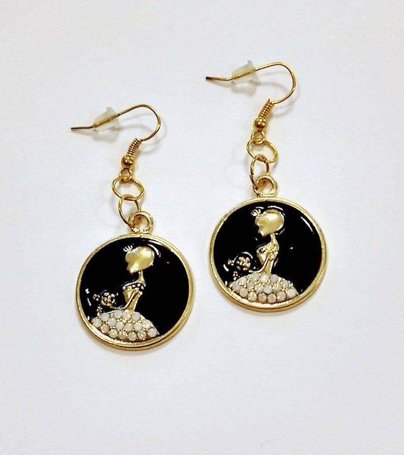 Gold tone bride earrings enamel black and gold wedding jewelry SALE