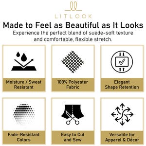 May include: Image features the text "LITLOOK Made to Feel as Beautiful as It Looks". The image also includes icons indicating moisture resistance, 100% polyester fabric, shape retention, fade-resistant colors, easy cutting and sewing, and versatility for apparel and decor.